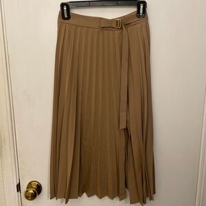 Tan Pleated Midi Skirt with slit and belt